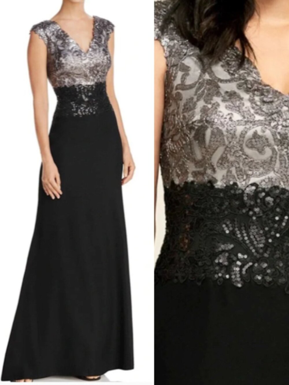 NWT Tadashi Shoji two tone Rema Gown Dress ATV16510L Ginseng Black Size 6